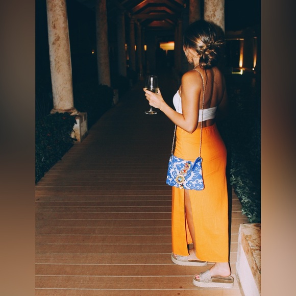 LULUS Orange Slit Midi Skirt - Picture 3 of 5